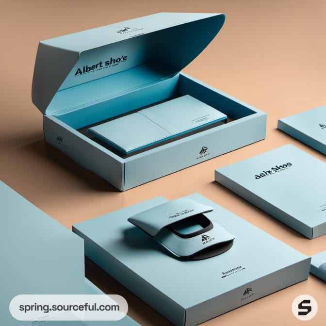 Blue box with shoe accessories and packaging on tan surface.