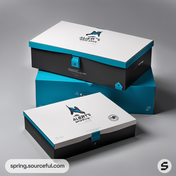 Stacked blue and black shoeboxes with design elements on grey.