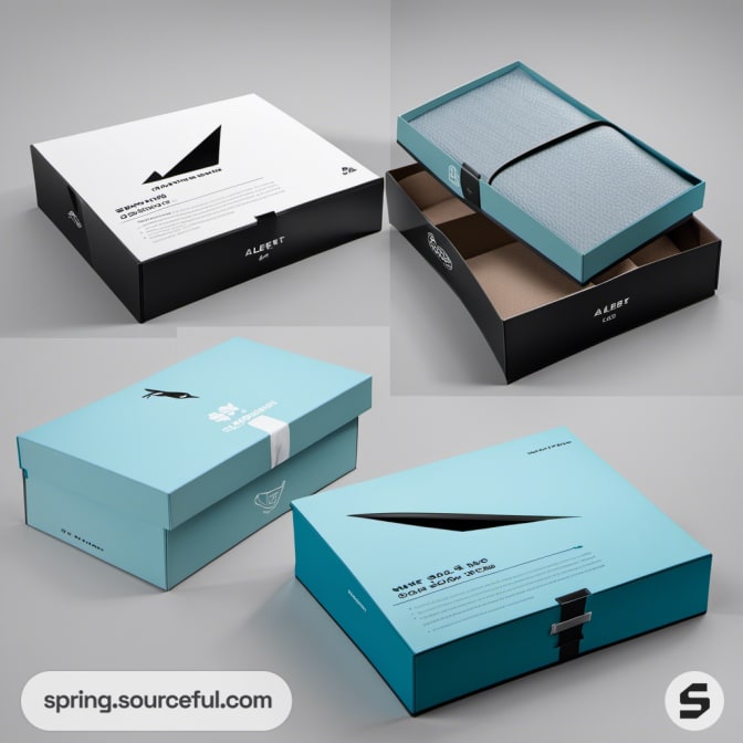 Four shoeboxes: black, blue, with various designs and patterns.