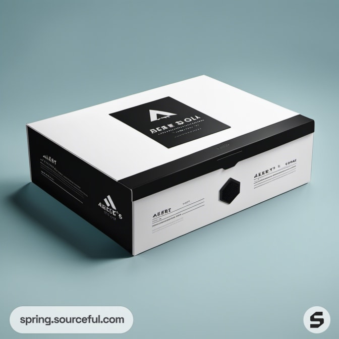 White and black shoebox with geometric design on a teal background.