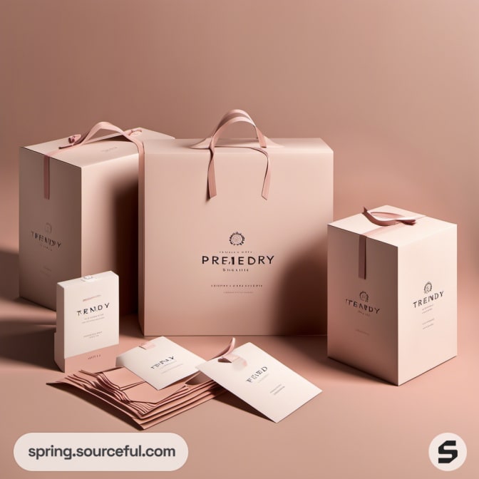 Pink tote bags and boxes with elegant design on peach backdrop.