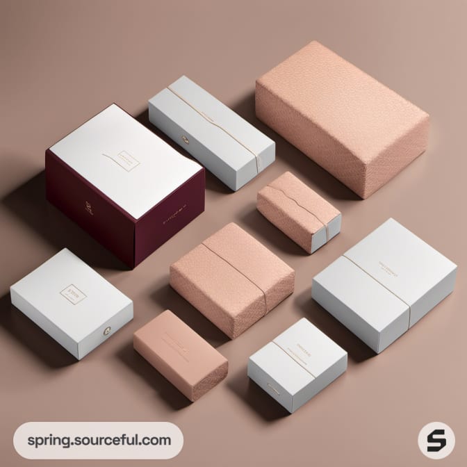 Various beige and white boxes in minimalistic style on neutral background.