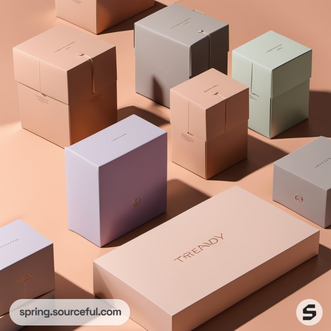 Assorted colorful boxes in pastel shades on a light brown surface.
