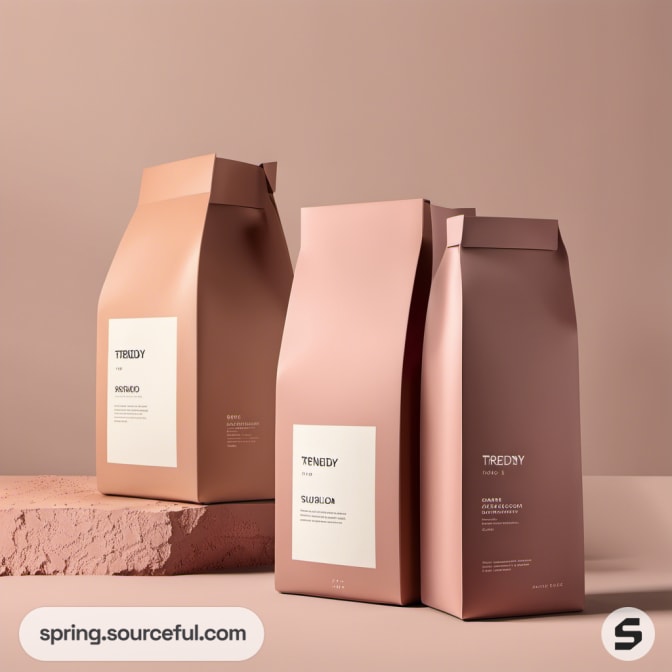 Two standing pouches in brown and pink tones on a textured platform.