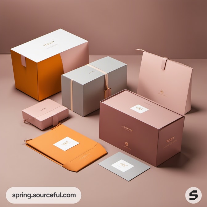 Variety of boxes and envelopes in pastel colors with minimalist design.