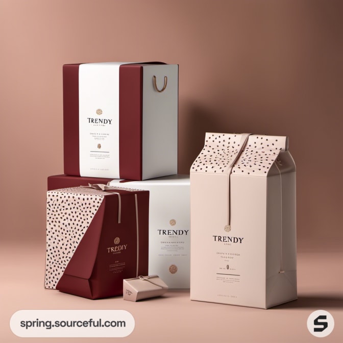 Elegant packaging boxes in cream and burgundy with polka dot accents.