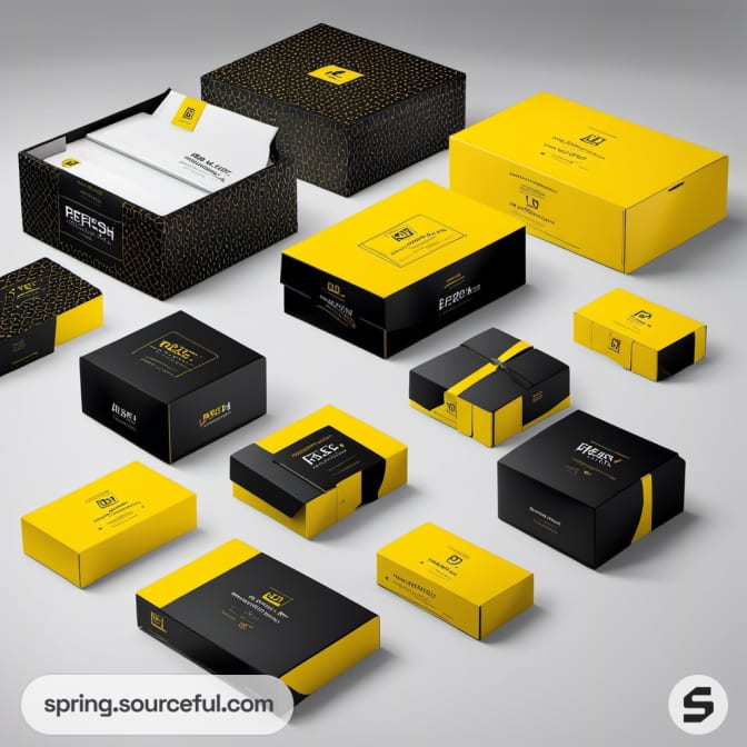 Assorted black and yellow boxes with open and closed flaps on a gray surface.