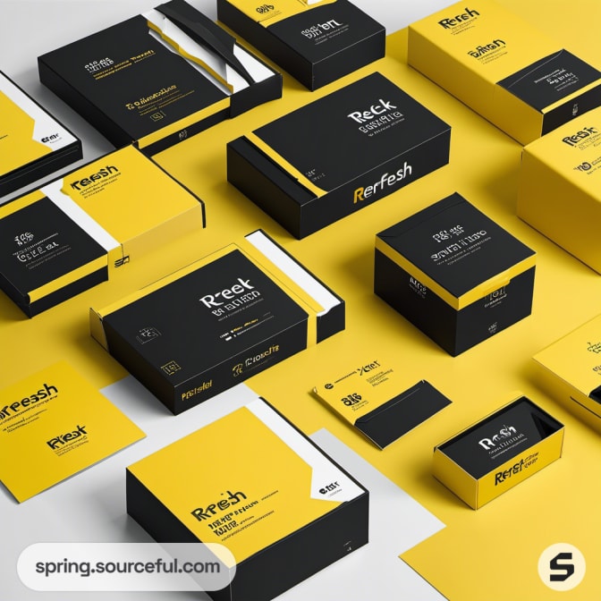 Black and yellow packaging with various box designs on a yellow background.