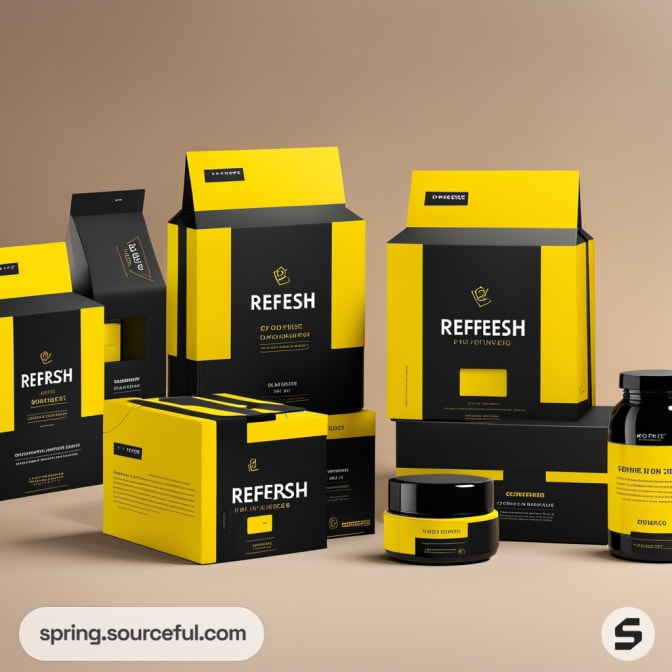 Black and yellow packages with jars and boxes against a beige backdrop.