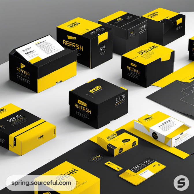 Array of black and yellow boxes with openings on a white and gray surface.