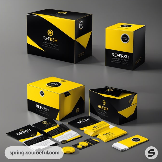 Black and yellow packaging with dynamic graphic patterns on a gray background.