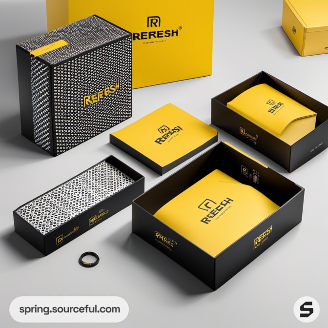 Geometric black and yellow packaging boxes on a patterned gray surface.