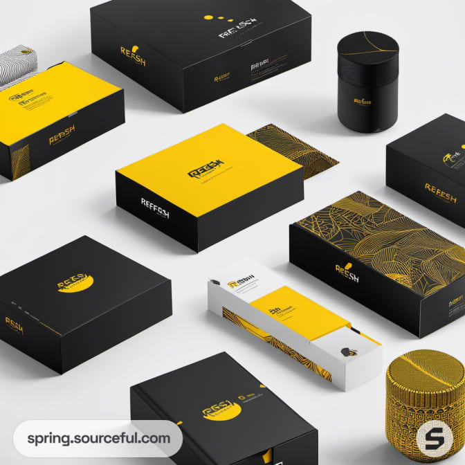 Elegant black and yellow boxes and cylinder packages on a white backdrop.