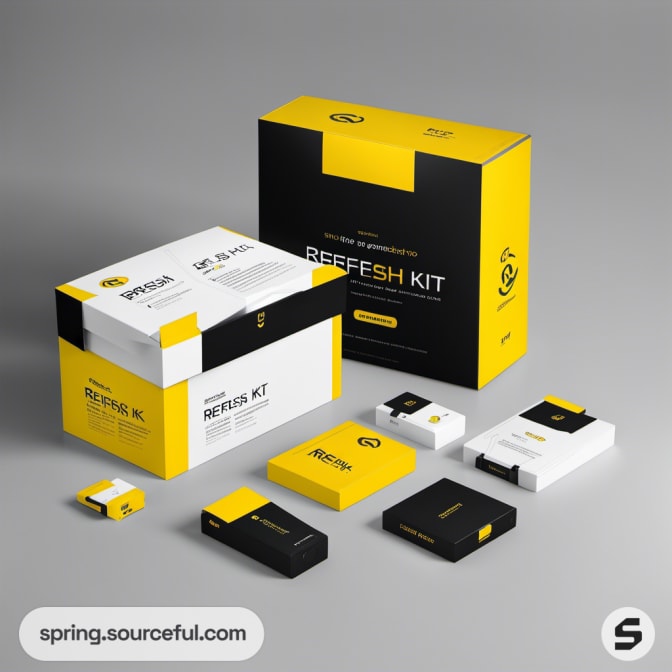 Black and yellow Refresh Kit packaging with multiple box sizes on display.