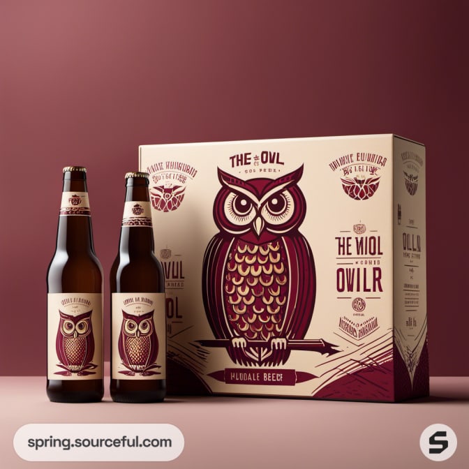 Owl-themed beer packaging with two bottles and a beige box with purple accents.