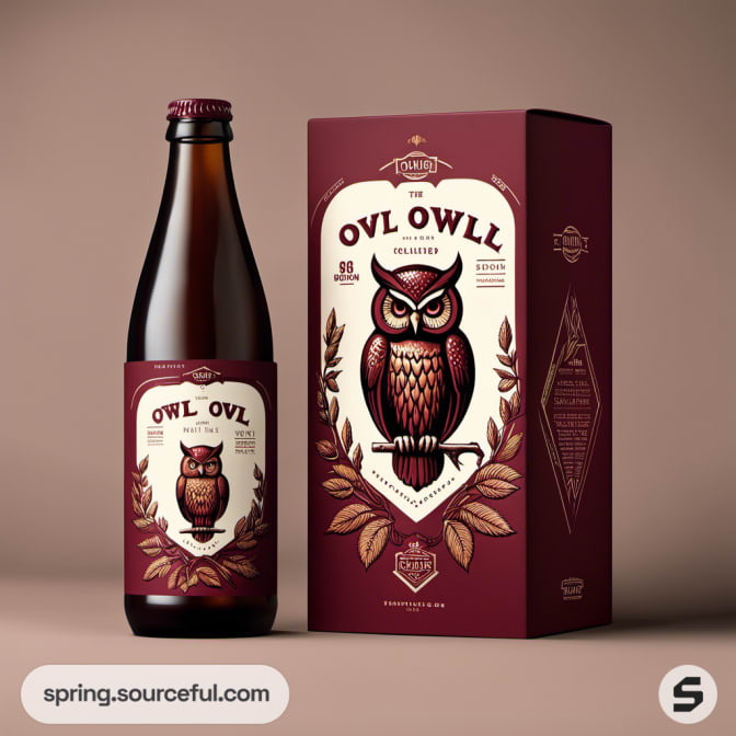Owl-themed beer bottle next to a matching maroon rectangular box.