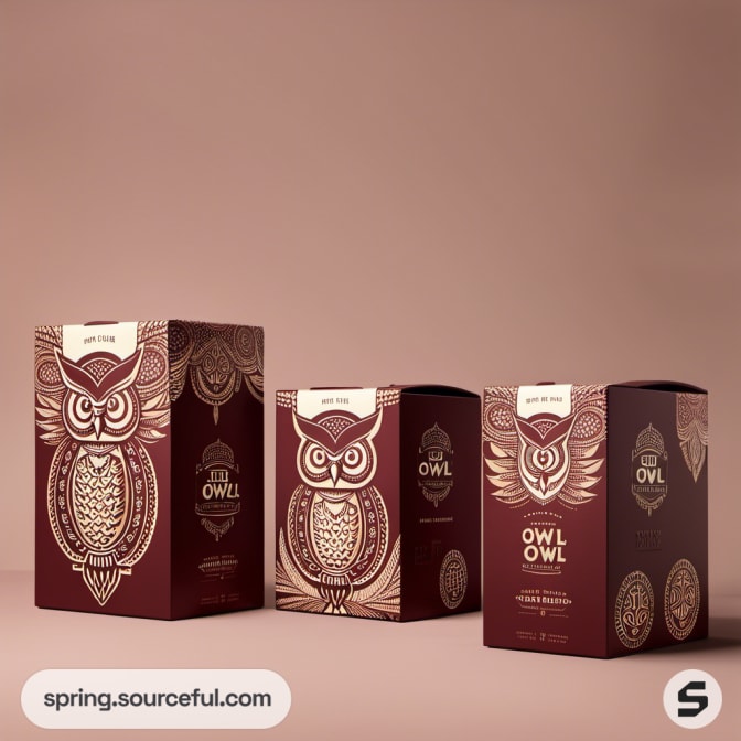 Three maroon owl-themed boxes arranged on a flat surface.