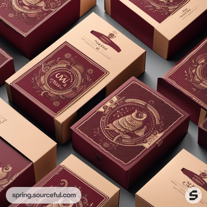Maroon and beige owl-themed boxes with intricate designs displayed.