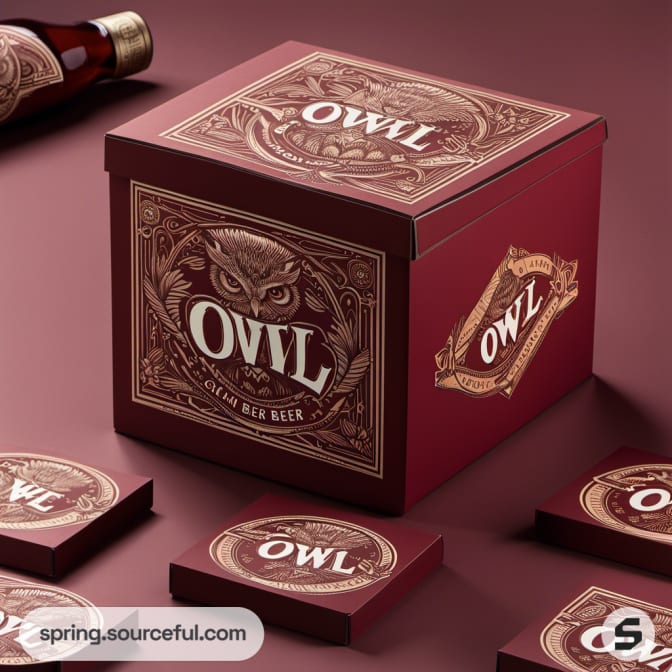 Square maroon box with owl design next to matching beer coasters.
