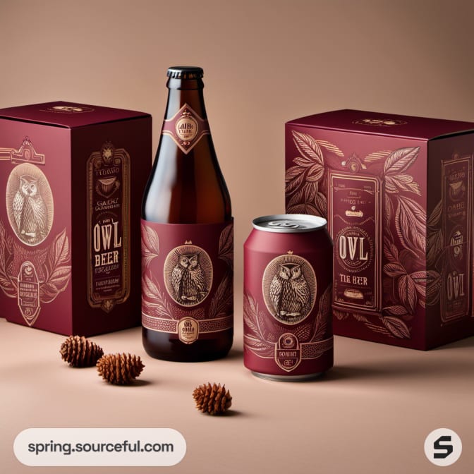 Beer bottle and can with owl design, alongside maroon packaging.