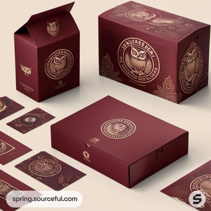Maroon owl-themed packaging with cards and a box displayed.