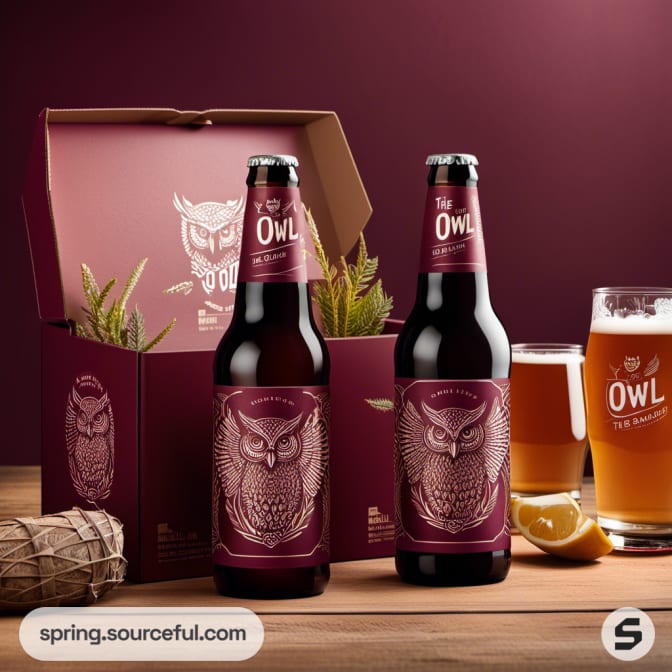 Two owl-themed beer bottles next to a glass on a wooden table.