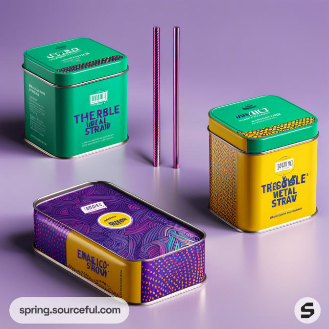 Colorful rectangle and square metal tins with straws on a purple background.