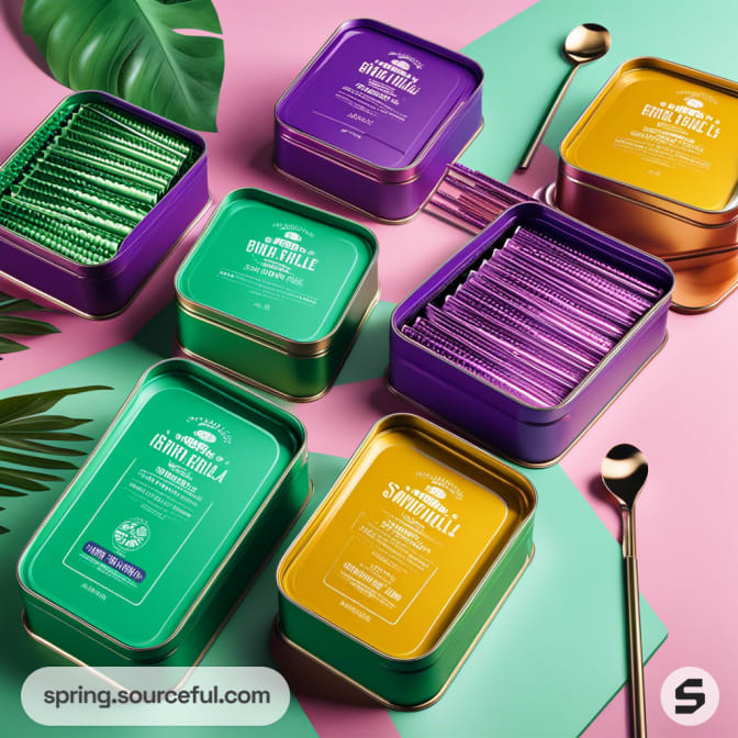Open metal tins with green and purple packets arranged on a colorful surface.