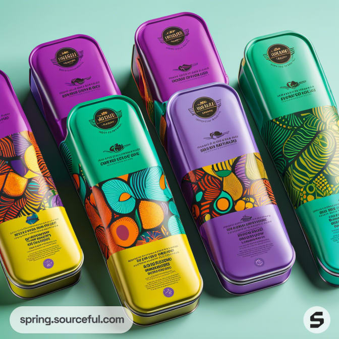 Vibrant rectangular tins with abstract patterns against a teal background.