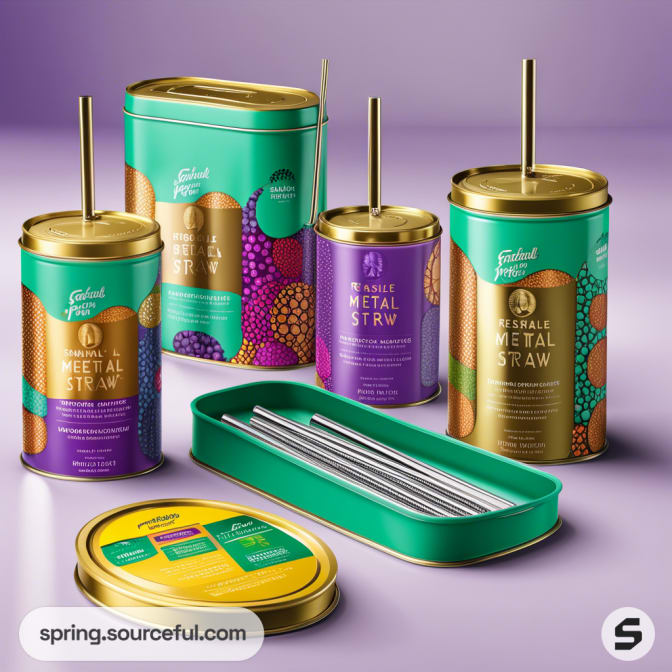 Assorted metal containers with bright labels and straws on purple surface.