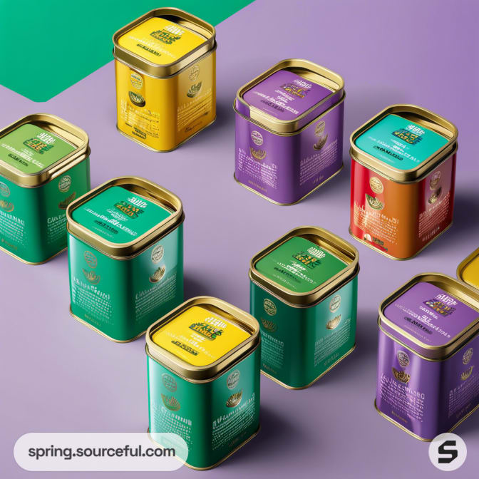 Grid of colorful square metal tins on a split purple-green background.