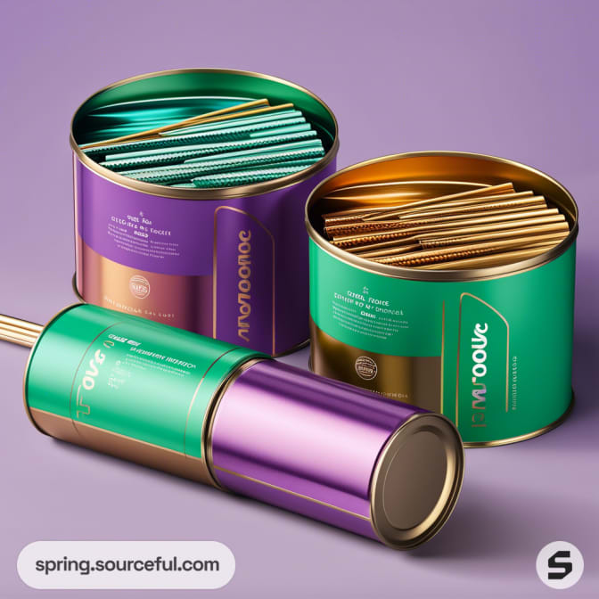 Cylindrical metal tins with colorful labels filled with straws on purple.
