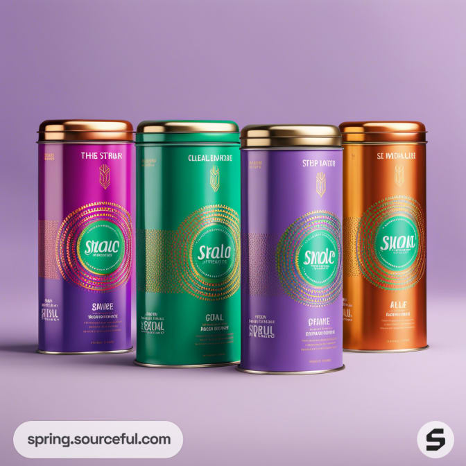 Tall cylindrical tins with geometric designs in various colors on purple.