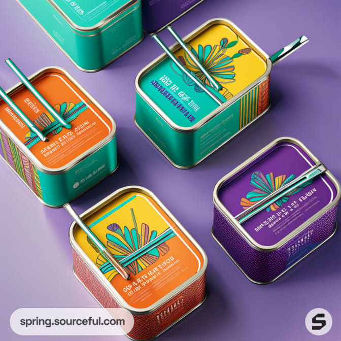 Square tins with vibrant lids and metallic straws on a purple background.