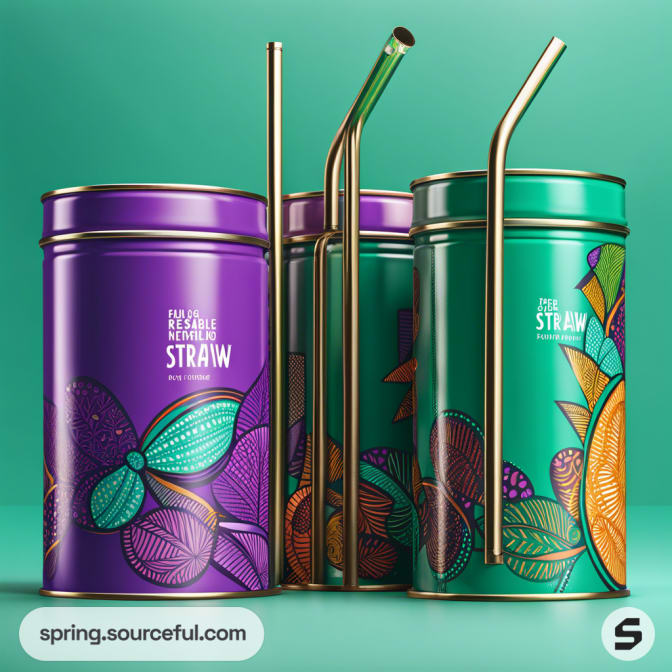 Tall green and purple tins with floral designs and metal straws.