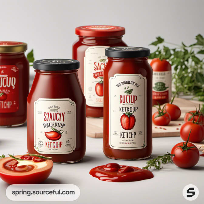 Variety of ketchup jars surrounded by tomatoes and herbs.