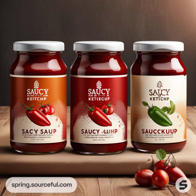 Three jars of ketchup with pepper illustrations on labels.