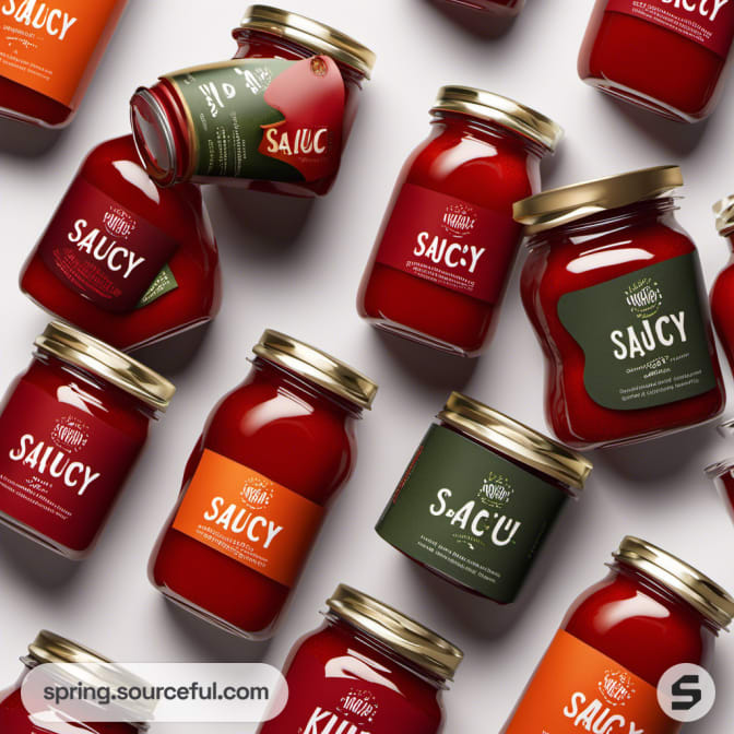 Assorted jars of tomato sauce scattered on white background.