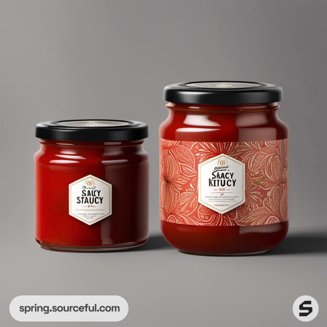 Two red sauce jars with patterned labels on gray background.