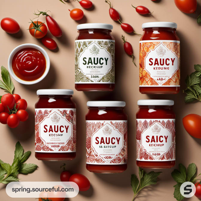 Five sauce jars with ornate labels surrounded by tomatoes and herbs.