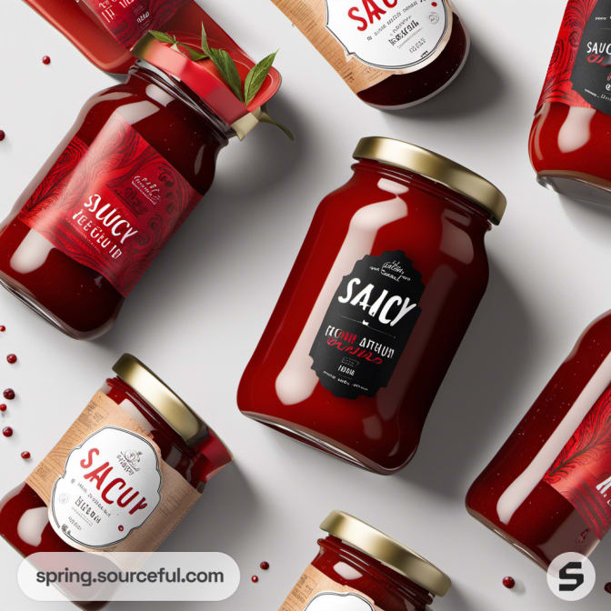 Various jars of sauce with bold labels on white background.