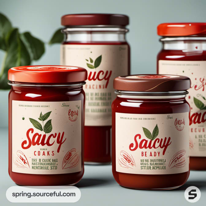 Four sauce jars with plant illustrations on minimal labels.