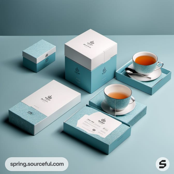 Tea set with turquoise boxes and cup on matching trays.