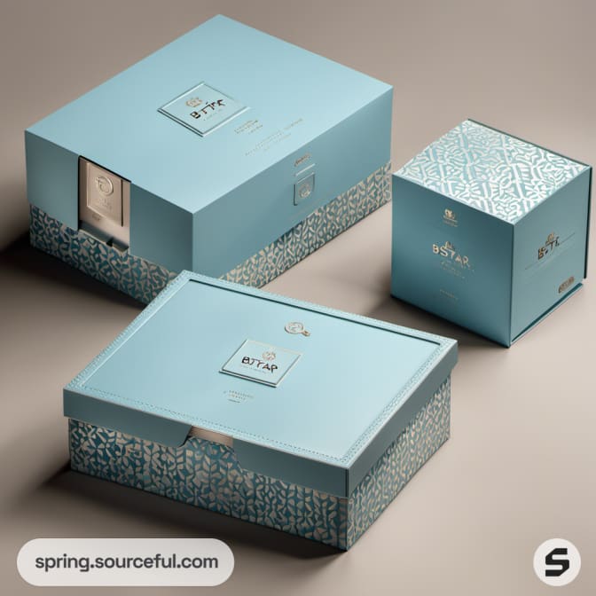 Turquoise patterned gift boxes on beige background.