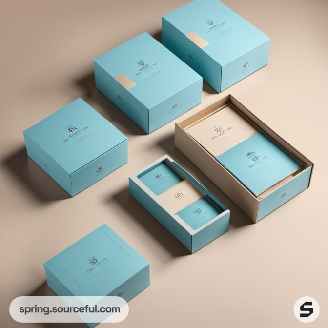 Multiple turquoise boxes with beige interiors.