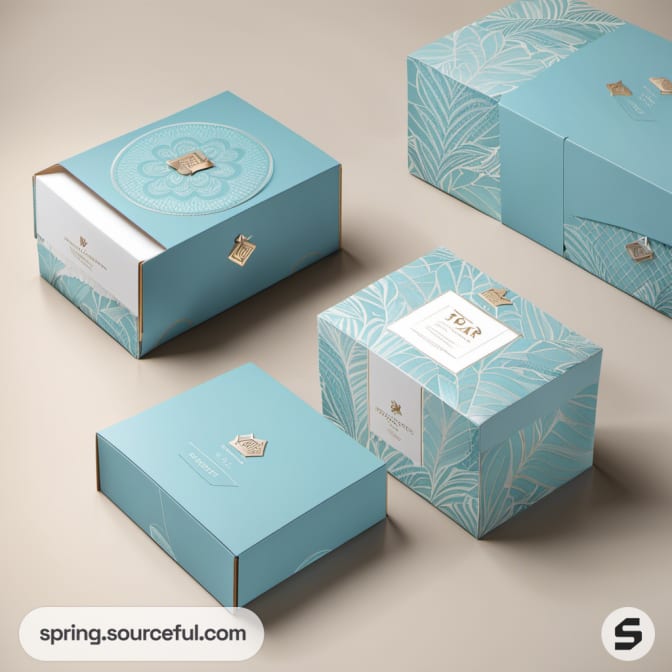 Elegant blue boxes with floral patterns, beige background.