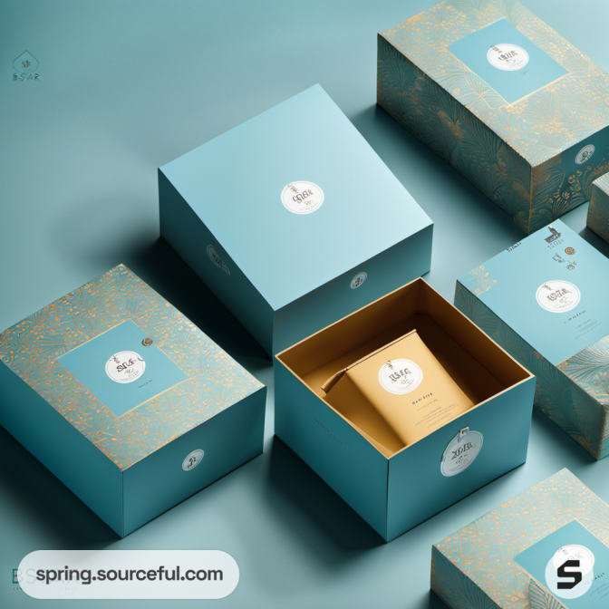 Turquoise gift boxes with golden interiors.