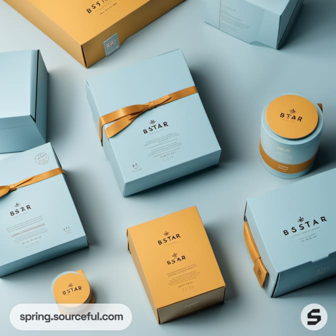 Blue and yellow packaging with ribbon accents.