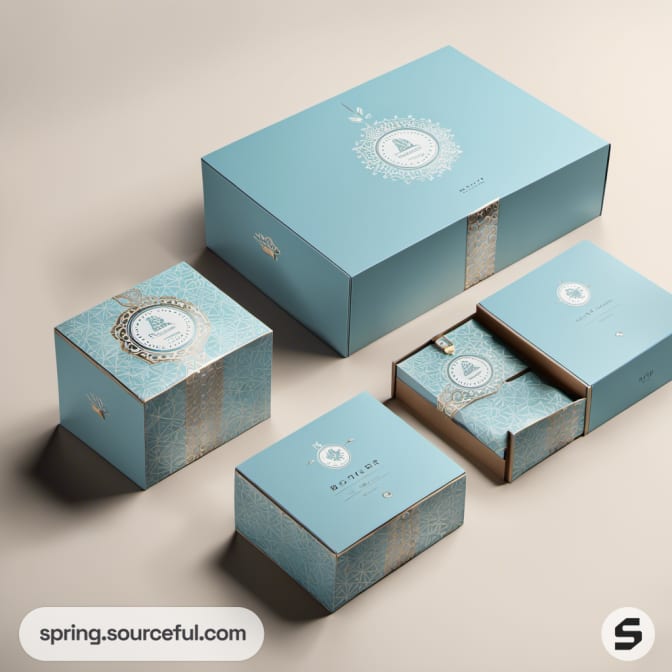 Turquoise boxes with delicate patterns, beige background.