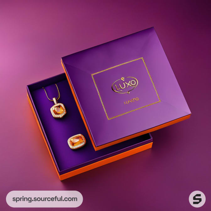 Open purple and orange box with necklace and bracelets.